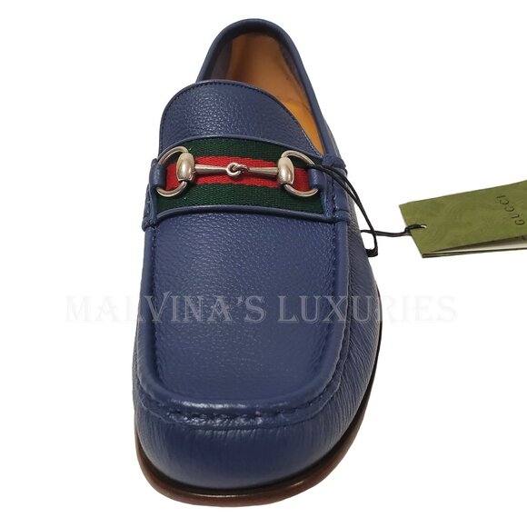 GUCCI SHOES MENS BLUE LEATHER MOCCASIN LOAFERS w HORSEBIT WEB sz 12.5G 13 - Picture 5 of 15